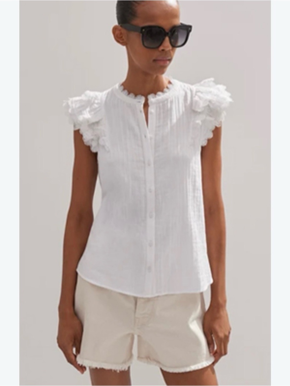 ME+EM White Ruffled Cap-Sleeve Button Blouse
